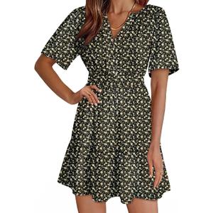 Dokotoo Womens Summer Dresses 2026 Boho Floral Short Sleeve V Neck Smocked Waist Casual A-Line Swing Mini Dress Sundress