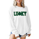 BOUTIKOME St Patricks Day Lucky Sweatshirts Women Sequin Glitter Patch Shamrock Shirt Chenille Oversized Clover Pullover Tops, Medium