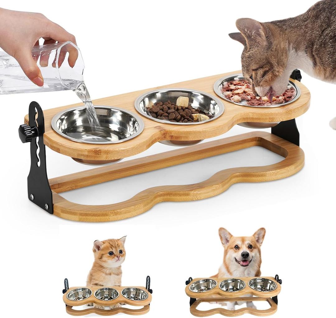 Elevated Cat Bowls, 15 Tilted Raised Kitty Bowl with Stand, 5 Height Adjustable Bamboo Cat Feeding Station with 3 Stainless Steel Bowls, Anti-Vomiting for Indoor Cats and Puppy