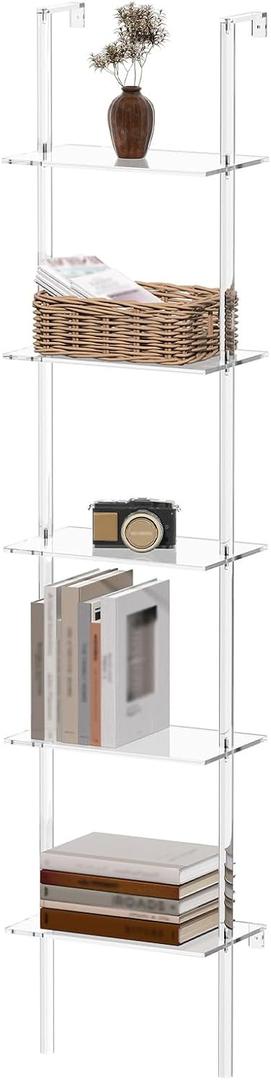 Small Acrylic Ladder Bookshelf, 9.5" D x 15.6" W, 5-Tier Clear Wall Mounted Book Shelf for Small Spaces, Multipurpose Bookcase for Living Room, Bathroom, Office, Modern, 73" H