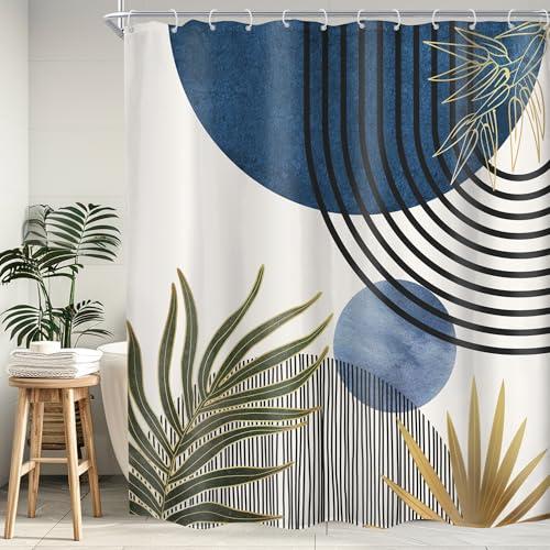 KOMLLEX Mid Century Blue Green Boho Shower Curtain for Bathroom Decor 72Wx78H Inches Abstract Modern Minimalist Sun Arch Plant Botanical Neutral Fabric Waterproof Polyester 12 Pack Hooks Pack Hooks