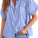 PRETTYGARDEN Women's 2026 Summer Button Down Shirts Short Lantern Sleeve V Neck Cotton Cute Tops Dressy Casual Blouses