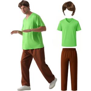 Men's Halloween Deluxe Costume Set - Complete Outfit with Brown Wig, Green T-Shirt, Brown Pants (XXL-Large)