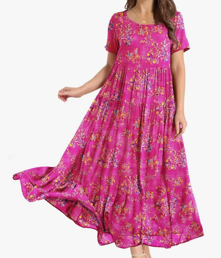 YESNO Women Casual Loose Bohemian Floral Dress with Pockets Short Sleeve Long Maxi Summer Beach Swing Dress EJF, Pink, 3XL