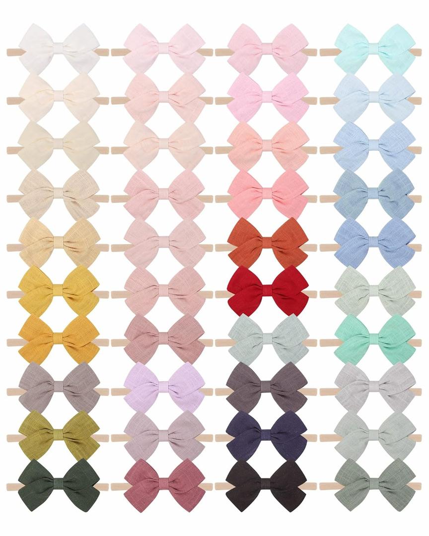 jollybows 40pcs Baby Girls Nylon Hair Bows Headbands Linen Hair Bands Elastic Hair Accessories for Kids Infants Newborn (4-40 PCS Solid Linen)