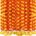 6 Pcs 5 Feet Long Strands Marigold Flowers Garland with Pendant Indian Wedding Decoration Artificial Decorations for Altar Faux Flower for Diwali, Pooja, Bush Floral Party (Dark Orange, Yellow)