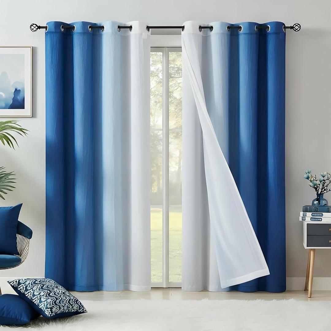 Blue Blackout Curtains with Ombre Sheers Overlay 84 Inch Long for Living Room Bedroom Decor, Mix and Match Double Layer 90% Blackout Window Drapes for Children Room, Nursery, Grommet Top, 52"W, 4Pcs