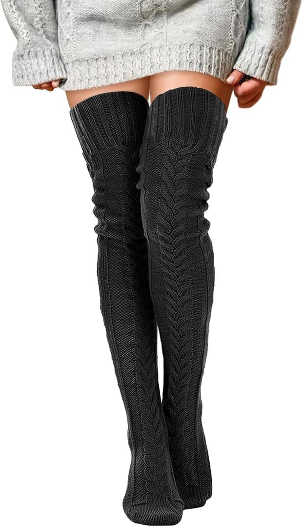 Buauty Women's Cable Knitted Boot Socks Extra Long Thigh High Winter Stockings Over Knee Leg Warmers (Black) One Size