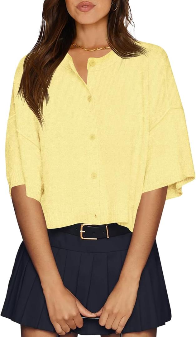 Cicy Bell Womens Half Sleeve Cardigan Sweaters Cropped Button Down Tops Oversized Lightweight Ribbed Knit Summer Outfits (Yellow, M)