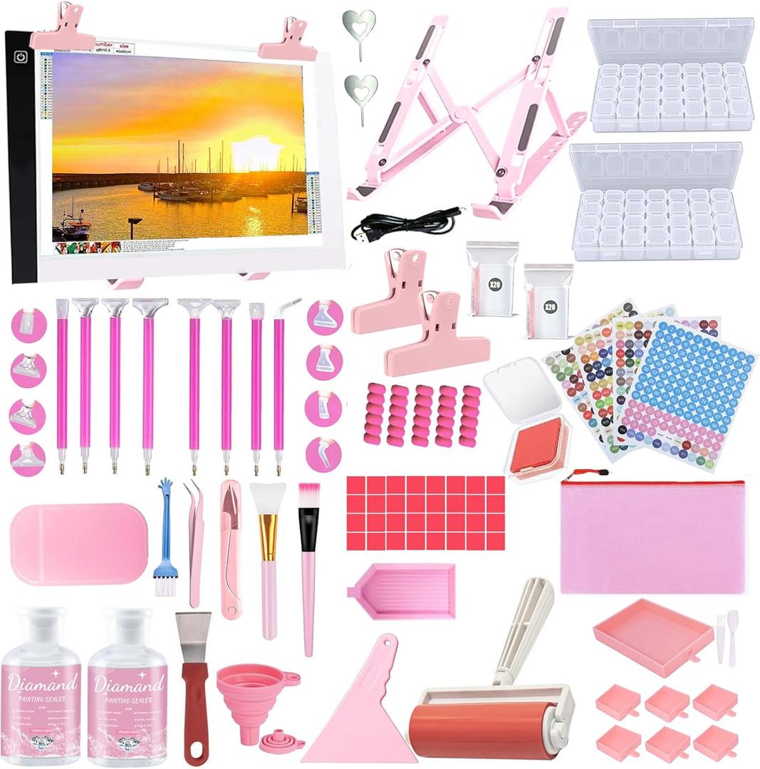DNSGOOR 186Pcs All Inclusive Diamond Art Accessories Kit Diamond Painting A4 LED Light Pad Set with Diamond Art Sealer Glue Stand Storage Case Pens 5D Painting Tools for DIY Drill Craft (Pink)