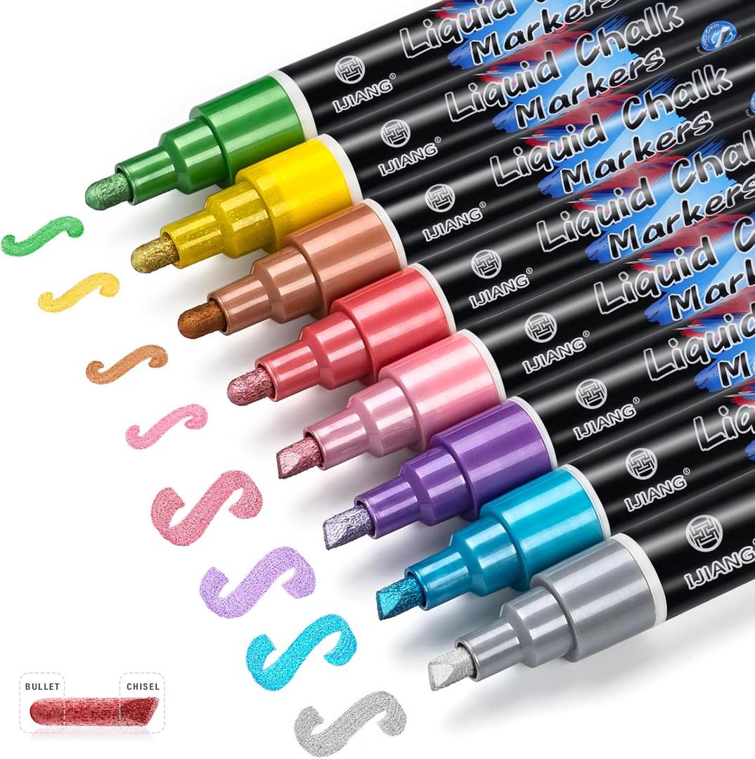 IJIANG Liquid Chalk Markers - Metallic 8Colors, Chalk Markers - 6mm Reversible Tip for Glass, Window, Cars, Chalkboard, Whiteboard, Blackboard Signs