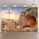Fabric 7x5ft Easter Jesus Empty Tomb Photography Backdrop He is Risen Christ Cross Resurrection Holy Light Stone Background Christian Church Party Decorations Photo Props