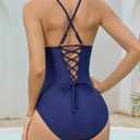 Cromi Women's Cutout One Piece Swimsuit Deep V Neck Cross Back | Deep V Monokini, Removable Pads, Adjustable Crisscross Straps, Stretch Fabric, Bathing Suit for Beach and Pool (Blue, XL)