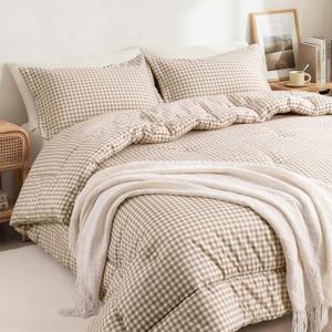 SunNewt King Comforter Set, Modern Plaid Checkered Bedding, Tan Gingham Brown Grid Bed Comforter, Soft Fluffy Breathable Farmhouse Dorm Bedding, All Seasons 3 Piece Set