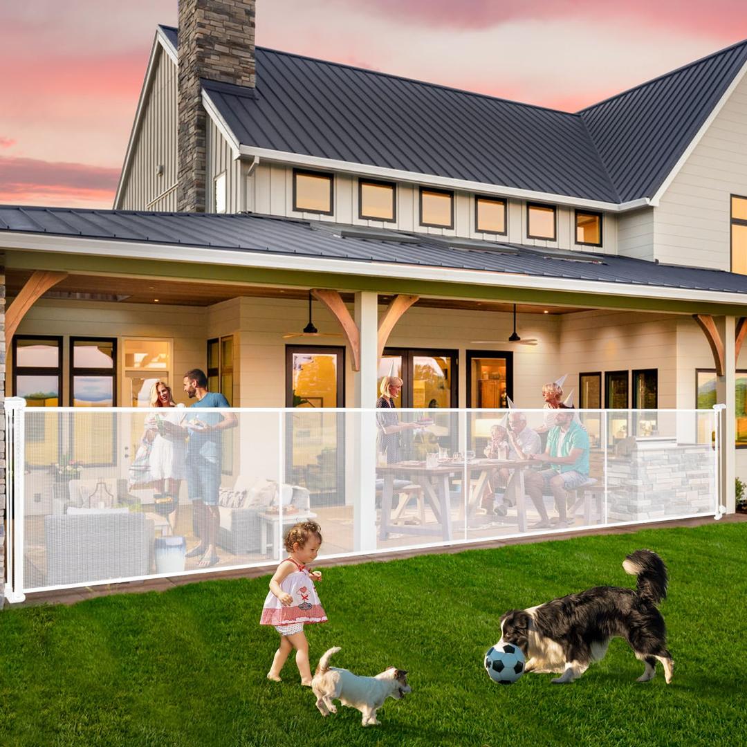 Retractable Baby Gates - 200" Extra Wide Retractable Dog Gate, 42" Extra Tall Mesh Gate Pet Gate with Support Rods, Long Child Safety Gate for Stairs Doorways Indoor Outdoor Large Openings - White
