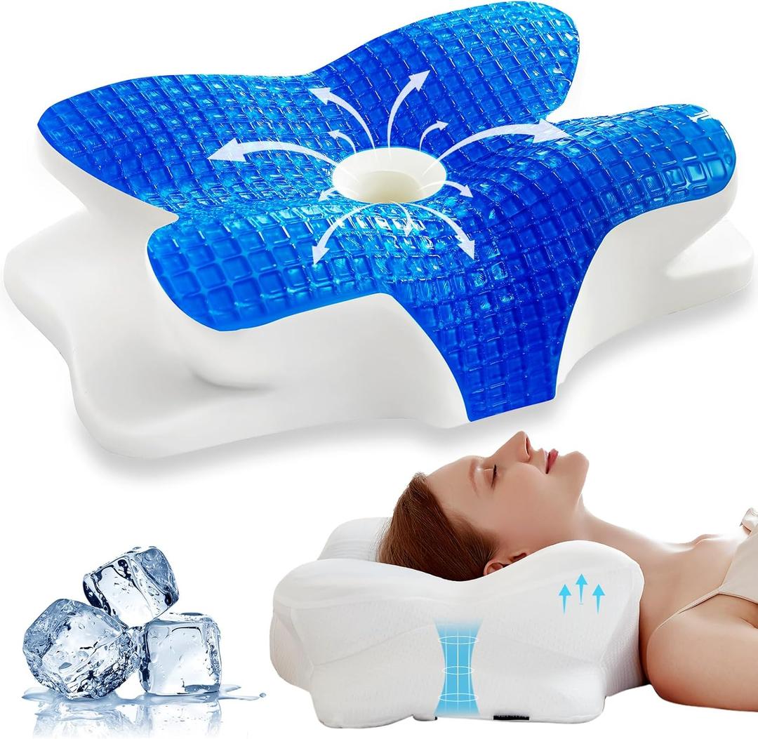 EUCIOR Cooling Gel Pillows for Neck and Shoulder,Cervical Pillow Cozy Sleeping,Odorless Ergonomic Contour Memory Foam Pillows for Side Back Stomach Sleepers with Pillowcase (White) (Queen)