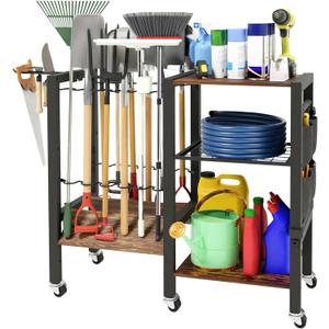 Dobures Garden Tool Organizer with Lockable Wheels, Heavy Duty Yard Tool Storage Rack for Shovels and Rakes, 3 Tier Lawn Care Utility Holder with hooks for Garage, Shed, Yard and Laundry Room