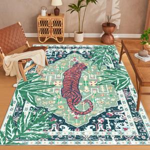 5x8 Washable Non-Slip Area Rug, Tropical Green Boho Vintage Jungle Tiger Rug, Soft Cozy Faux Cashmere Low Pile Animal Print Rug for Dining Room, Living Room, Bedroom, Easy to Clean Decorative Carpet