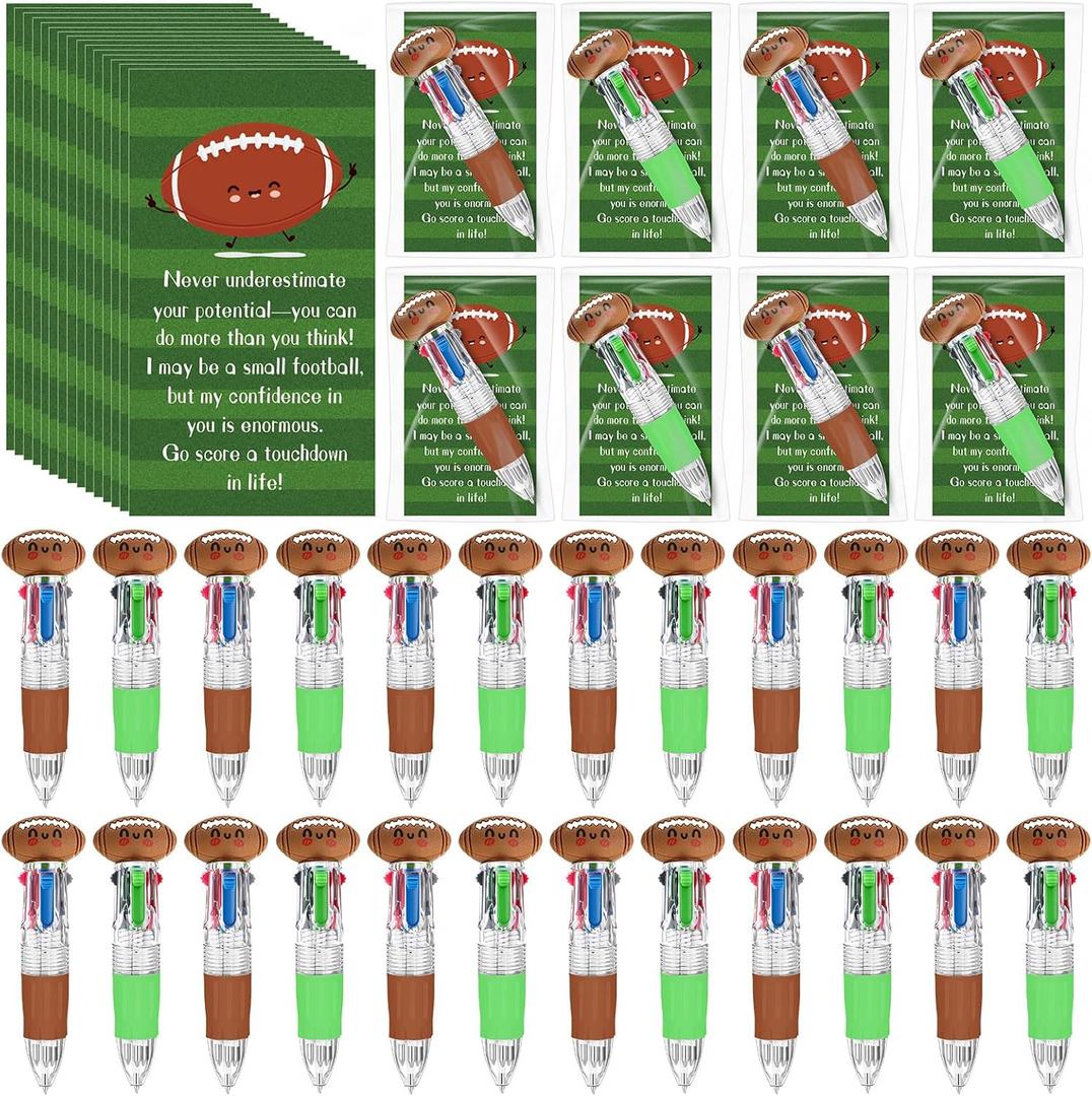 Sayglossy 36 Sets Football Party Favor Pens Gifts Bulk, 4-in-1 Multicolor Ballpoint Pen with Positive Cards for Football Senior Night Gifts End of Year Teacher Prizes Rewards and Party Supplies
