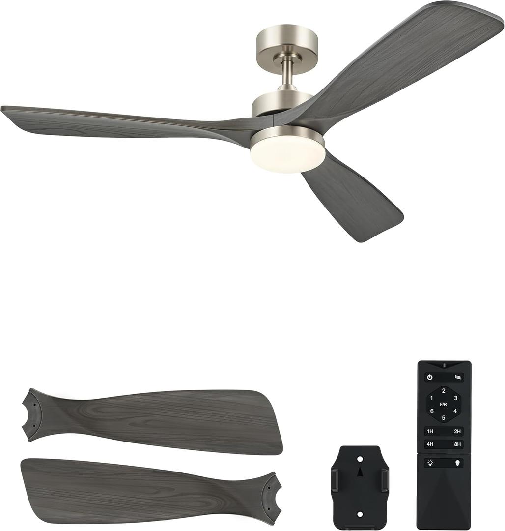 VONLUCE Ceiling Fans with Lights, 52 Inch Ceiling Fan and Remote, 6 Speed Reversible Noiseless DC Motor, 3CCT, Wood Ceiling Fan for Outdoor Indoor Farmhouse Patios, Grey