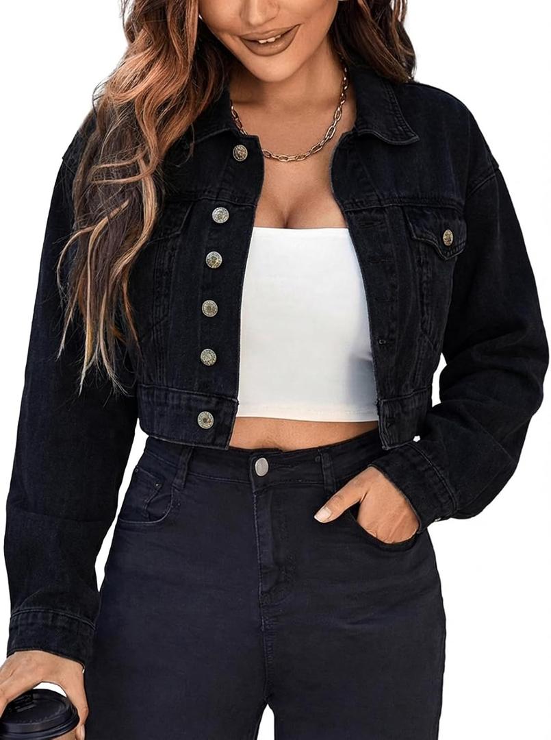 EMMIOL Cropped Denim Jacket for Women Vintage, Oversized Jean Jacket Distressed Dark Wash, Baggy Short Coat (Medium, Black)