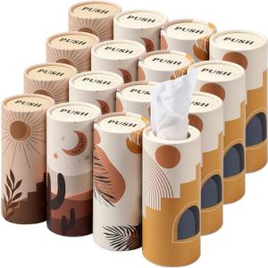 Tatuo 16 Pack Car Tissues Cylinder Holder with 3 Ply Facial Bulk Boho Round Tissue Holder Travel Tissues Boxes Container for Car Cup Wedding Gifts Home Bathroom Office (Warm)