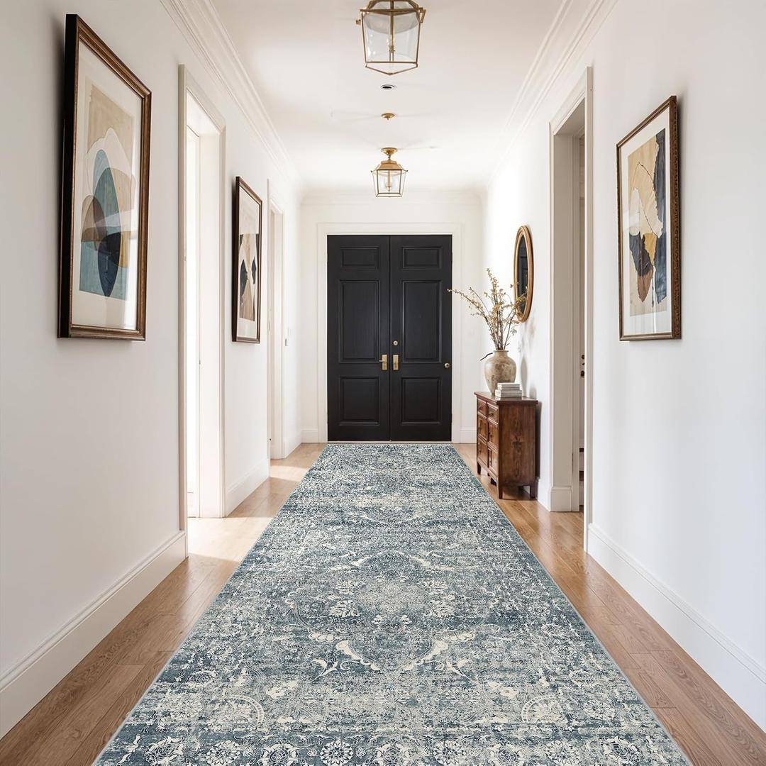 4x10 Washable Hallway Runner Rug - Wide Kitchen Runners Vintage Low Pile Carpet Soft Thin Floor Runner with Rubber Backing for Entryway Bedroom Living Room Home Decor (Blue)