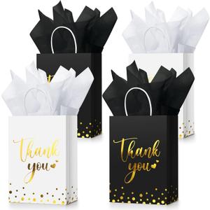 Tinlade 12 Pcs Thank You Gift Bags with Tissue Paper Gold Polka Dots Thank You Bags with Handle Party Favor for Wedding Birthday Baby Shower Business Shopping(Black, White)