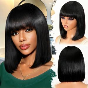 Bob Human Hair Wig with Bangs Silky Straight Glueless Wigs Human Hair 150% Density Black Bob Wig with Bangs None Lace Machine Made Wigs for Black Women 12Inch