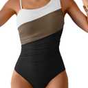One Shoulder One Piece Swimsuit for Women Tummy Control Bathing Suits Color Block Ruched Swim Suit Slimming Swimwear (Small, White Brown and Black)