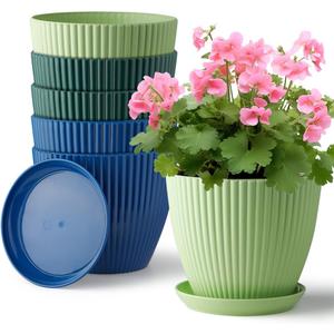 RooTrimmer Plastic Plant Pots, 6 Pack 7.5 Inch Flower Pots with Drainage Holes and Saucer, Planters for Indoor Outdoor Plants, Stylish Decor for Home and Garden(Blue, Green, Dark Green)