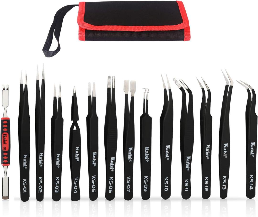 Kaisi 13 PCS Precision Tweezers Set Anti-Static ESD Tweezers Kit with 13 Precision Non-Magnetic Stainless Steel Tweezers With tweezers storage bag