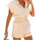 sysinside Women's Utility Short Rompers Elastic Waist Button Down Cuffed Sleeves Cotton Jumpsuit with Pocket (Medium, Beige)