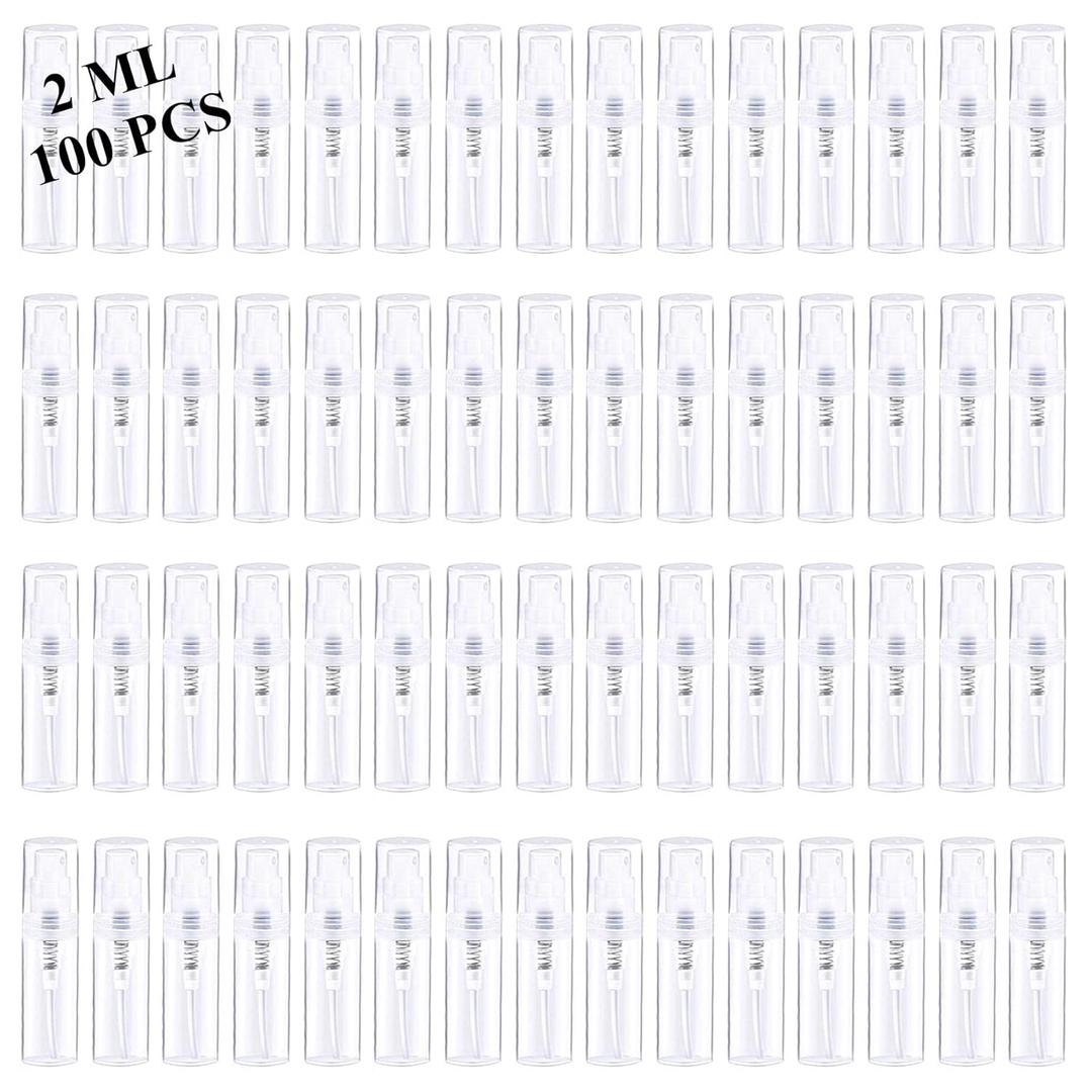 Mini Spray Bottle 100PCS 2ML Clear Plastic Empty Sample Containers Fine Mist Perfume Travel Refillable Spray Bottle Perfume Atomizer Small Travel Size Spray Bottle for Cleaning, Essential Oils