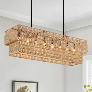 39.4 Hand Woven Rattan 8-Light Chandeliers for Dining Room, 2 Layer Boho Linear Chandelier Rectangle Rustic Pendant Light Fixture for Kitchen Island Bar Living Room