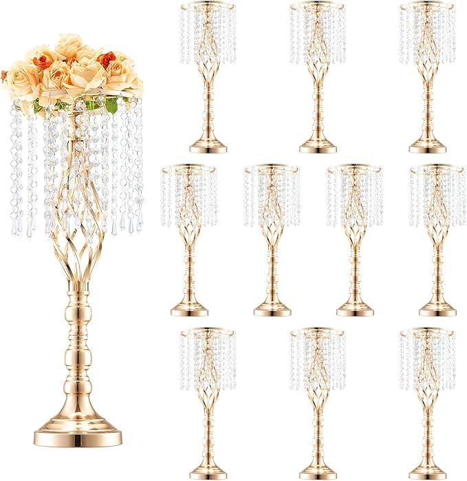 VEVOR 10PCS 55cm/21.65” Tall Crystal Wedding Flower Stand, Metal Wedding Centerpiece Vase, Gold Flower Holders Floral Display Rack for Tables Wedding Dinner Party, Ceremony Birthday Event Decor