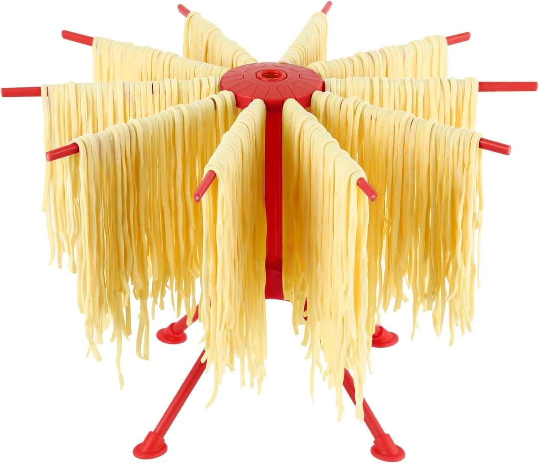 Cambom Foldable Pasta Drying Rack- Plastic Spaghetti Noodle Dryer with 10 Bar Handles Red