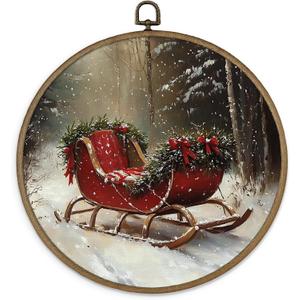 MAQIKA Vintage Christmas Sleigh Framed Wall Art Decor, Winter Christmas Round Wall Hanging Decor, Rustic Retro Winter Holiday Xmas Canvas Prints Wall Art for Home Living Room Bedroom, 10x10 Inch