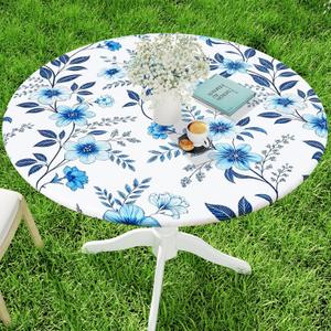 Moosfor Spandex Elastic Fitted Round Tablecloth for 45"-56" Tables, Stretch Washable Reusable Table Cover for Outdoor Picnic, Camping, Dining, Kitchen, Patio and Party, Cerulean Blue Flower