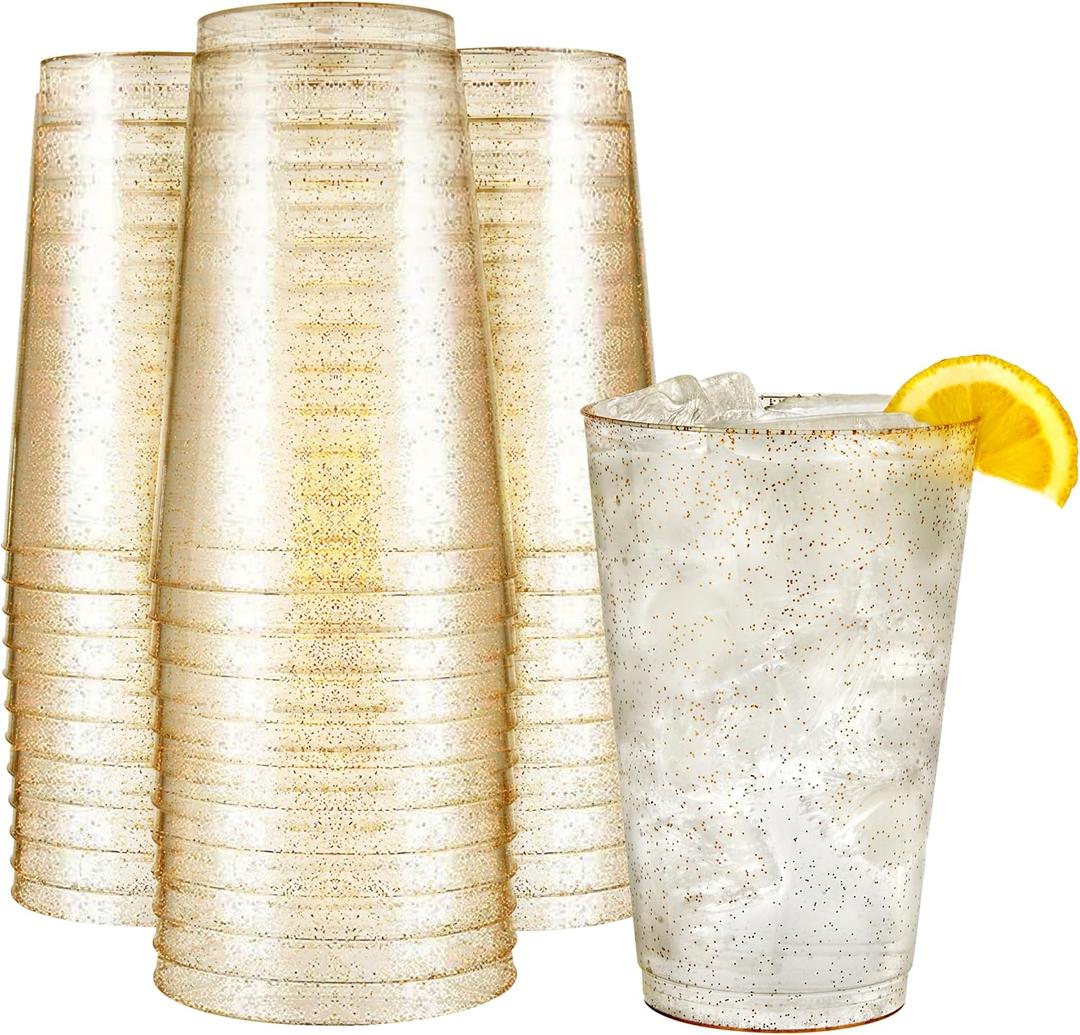 R-kay 14 oz Gold Glitter Plastic Cups - 50 Pack - Hard Disposable Party Cups
