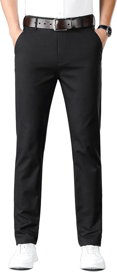 ESSYSHE Mens Slim Fit Flat Front Dress Pants Wrinkle Free Khaki Pants 36 W 28 L (Black)