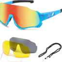 DUCO Polarized Kids Sunglasses Youth Baseball Sun Glasses Sports Teens Cycling Shades Boys Girls with 3 Lenses DK280 (Blue Frame Blue Temple Orange Colorful Lens)