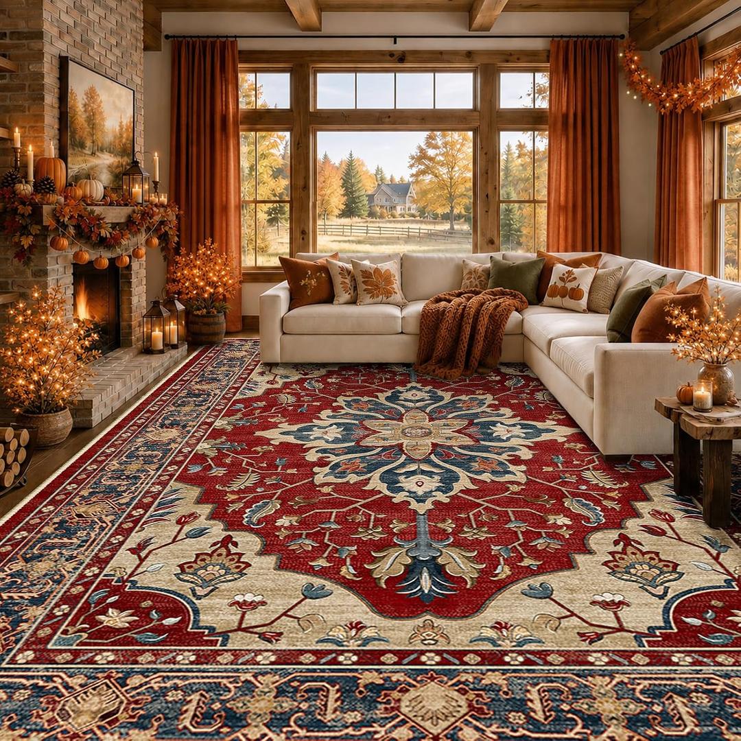 RELEANY Washable Area Rug, Large 9'x12', Red/Blue