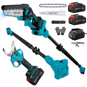 4-in-1 Pole Saw & Electric Pruning Shears, 6 Inch Mini Chainsaw for Tree Trimming, Cordless Pruning Shears with 9.5ft Max Extension Pole, 2 x 4.0Ah Battery Powered Pole Saw Pruner for Garden (Blue)