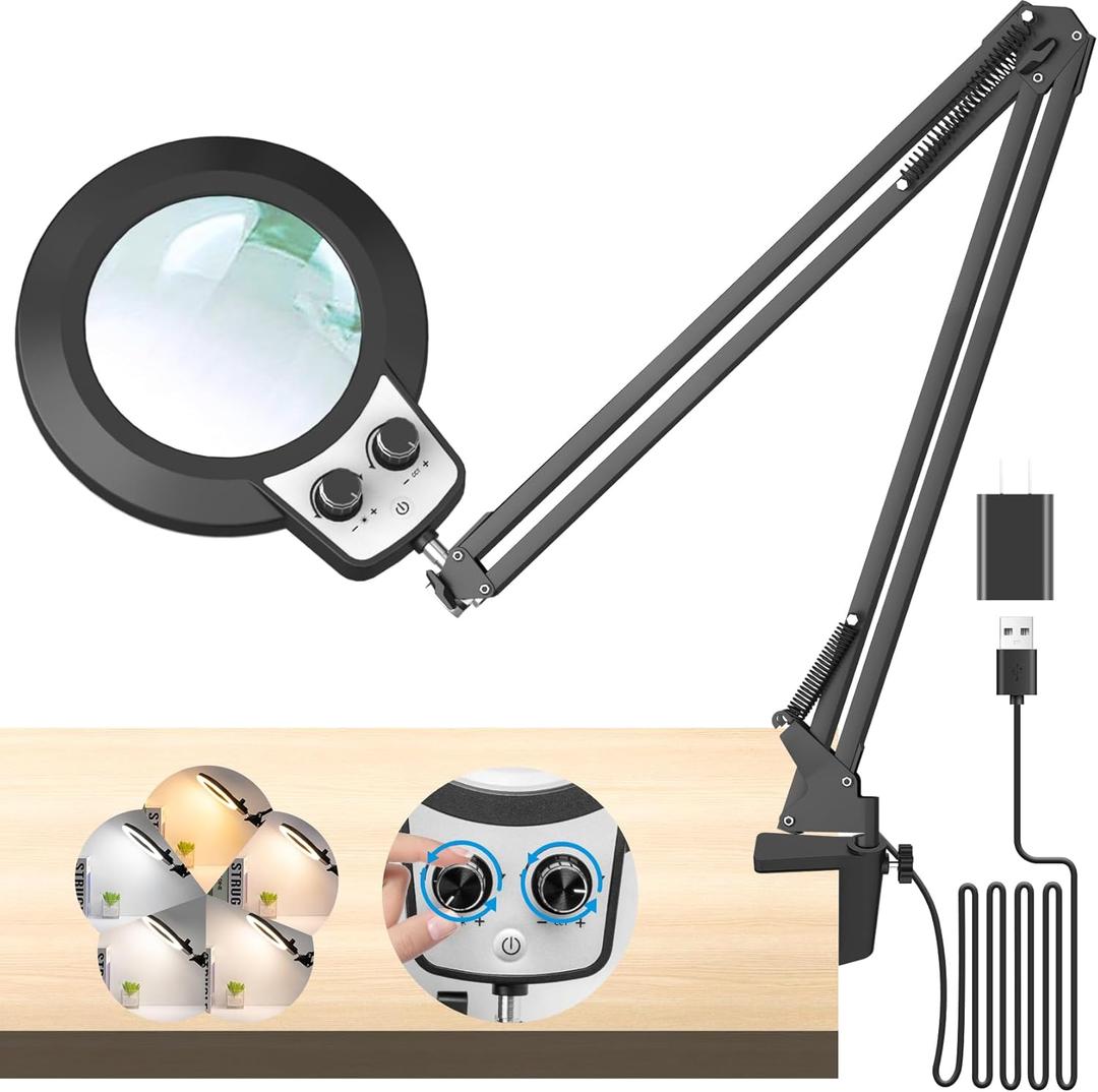 KIRKAS 12X Magnifying Glass with Light, Long Swing Arm, Any Color Modes & Stepless Dimming LED Magnifying Lamp with Clamp, Memory Function Lighted Magnifier for Crafts, Reading, Hobby, Close Work