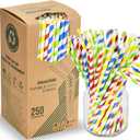 Flexible Paper Drinking Straws, 250 Count, 7.75" Long, 0.24" diameter - 100% Biodegradable - Assorted Striped Colors (Colorful Stripes)