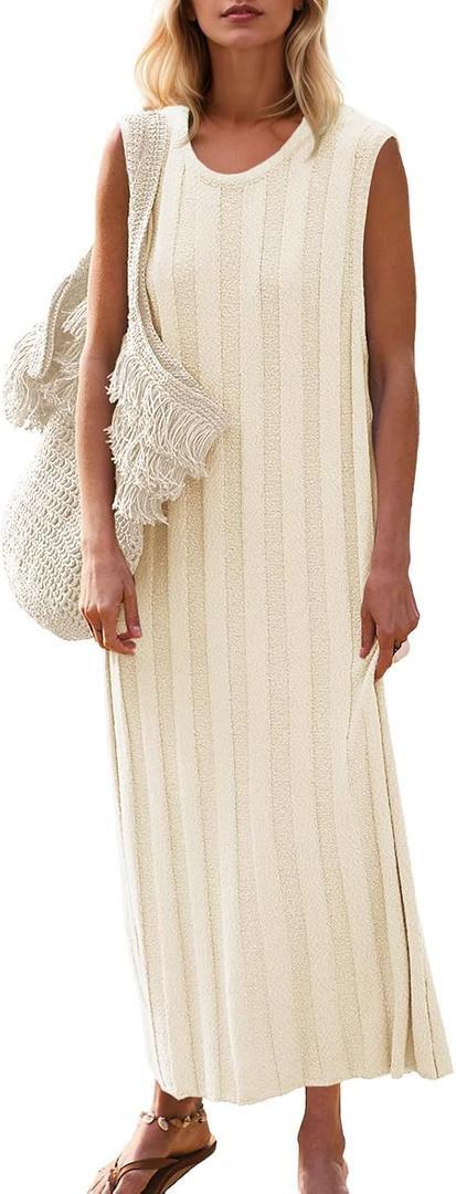 Fisoew Women Summer Sleeveless Maxi Dress Scoop Neck Ribbed Knit Tank Dress (Beige, L)