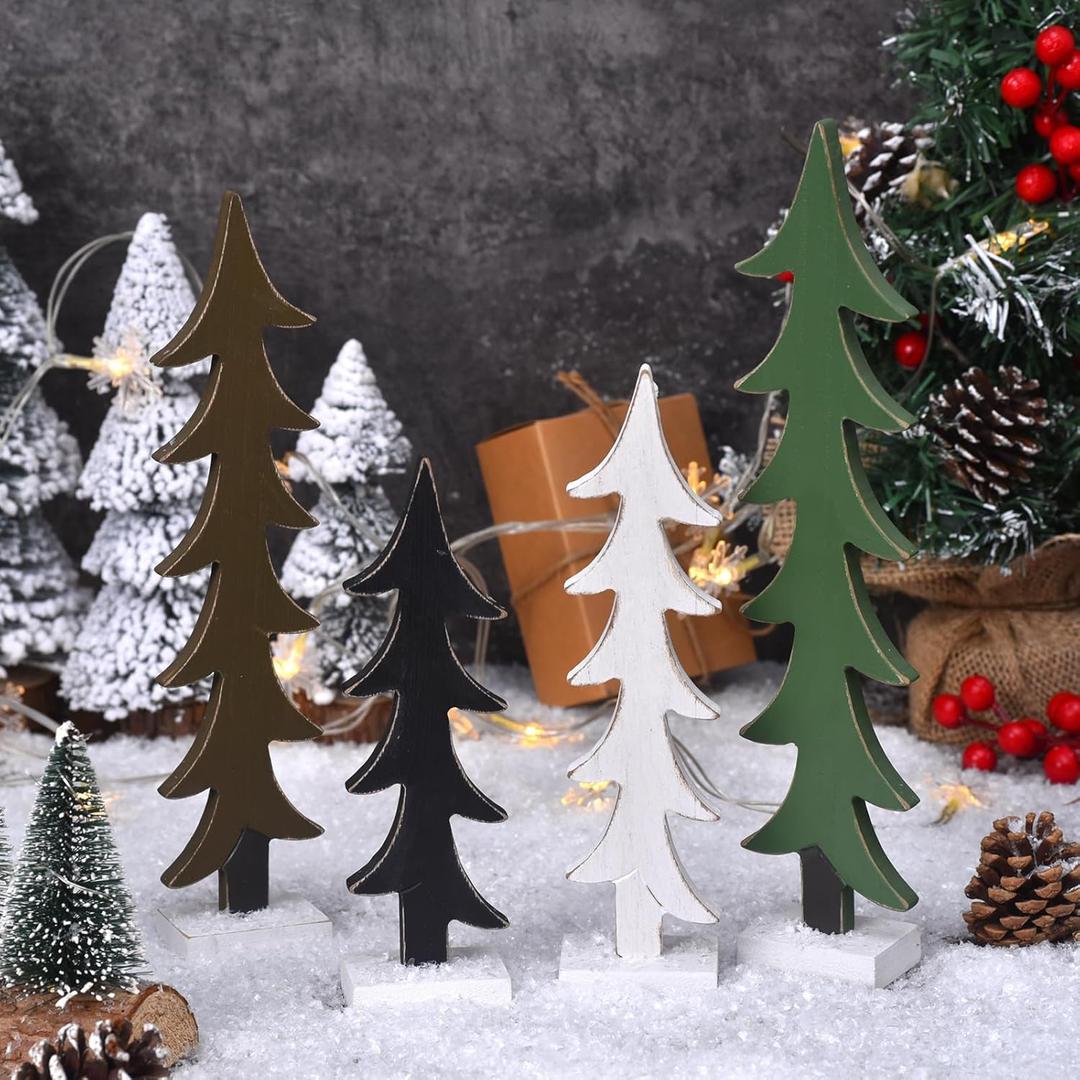 Wooden Christmas Tree Decor Set, 4pcs Mini Christmas Trees for Table Centerpiece, Rustic Wood Christmas Decor for Holiday Shelf, Tiered Tray, Farmhouse Indoor Decorations (4pcs)