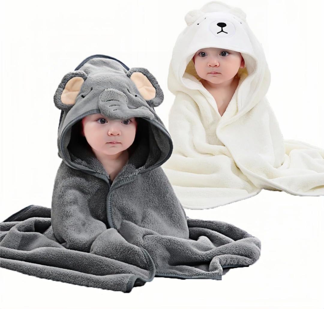 2Pcs Baby Hooded Towel,31 * 31 in Toddler Bath Towels for Newborn Babies,Toallas de Bao para Bebe,Organic Infant Kids Boy Essentials 1-3 (2pcs,white Bear+gray Elephant)