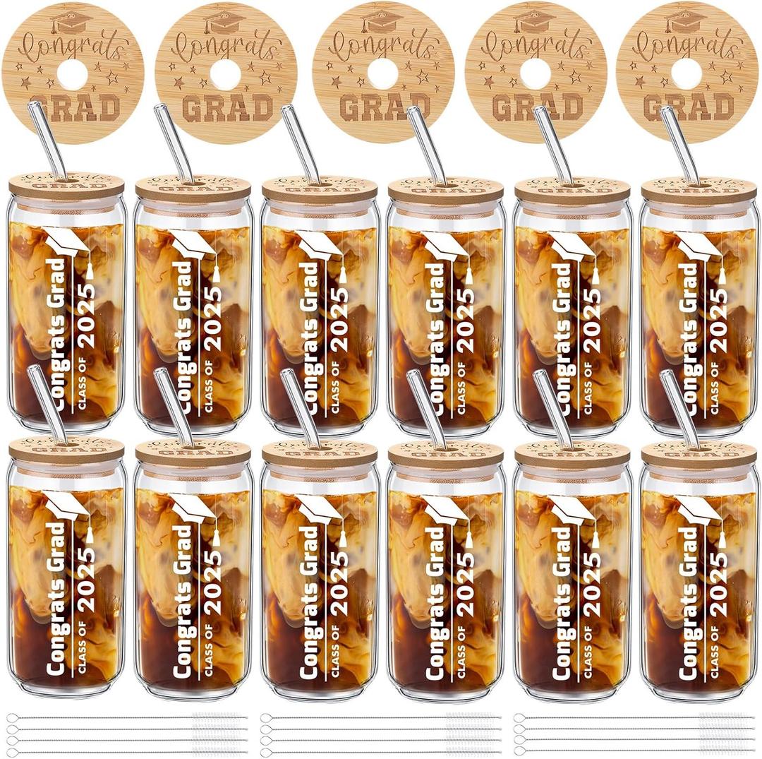 Tioncy 12 Pcs Class of 2025 Graduation Gifts Glass Cups with Bamboo Lids and Straw for Her Him, Congrats Grad College Masters Degree Graduation Gifts, 16 oz 2025 Can Shaped Glass Cup
